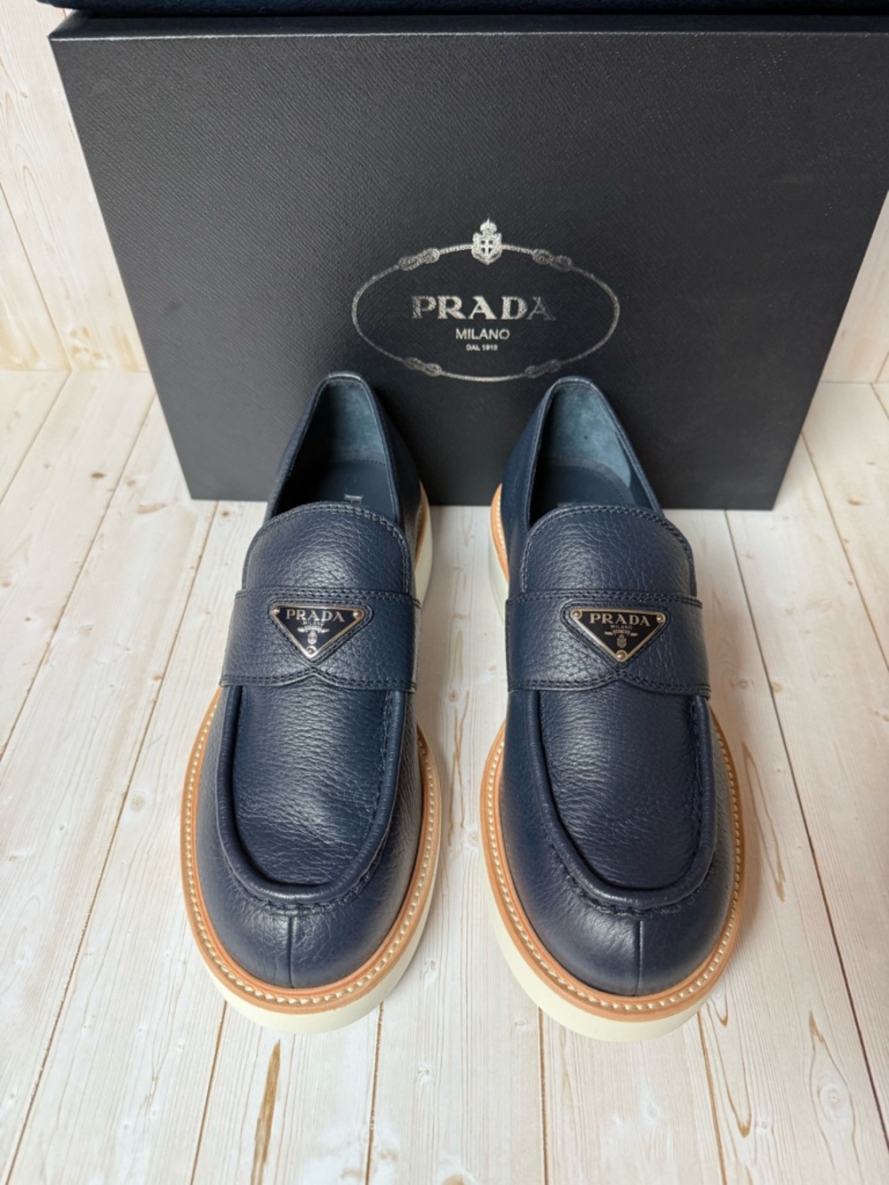 Prada Triangle-Logo Leather Loafers Navy Blue Sz 7.5UK / 8.5US - Picture 6 of 12